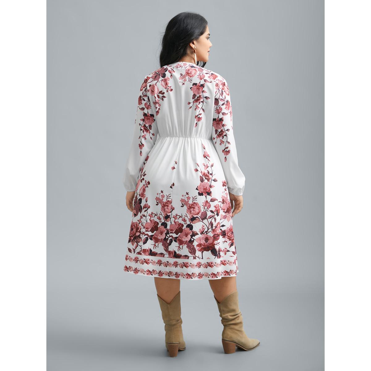 Plus Size Boho Print Lantern Sleeve Button Detail Dress Rosered Women Resort Button Flat collar with V-notch Long Sleeve Curvy BloomChic 10/M Product Image