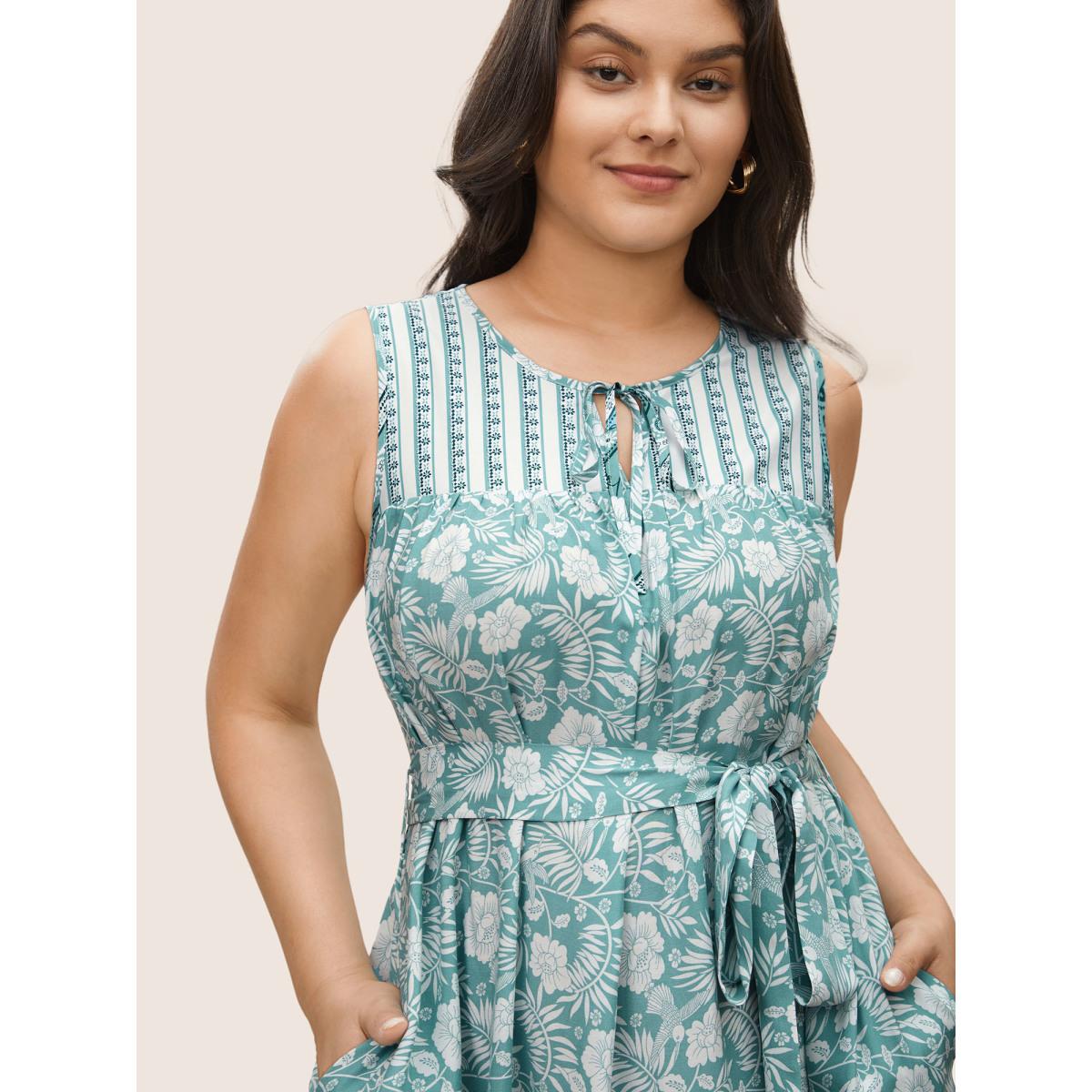 Plus Size Boho Print Tie Neck Belted Pleated Dress Turquoise Women Resort Non V-neck Sleeveless Curvy Midi Dress BloomChic 26/4X Product Image