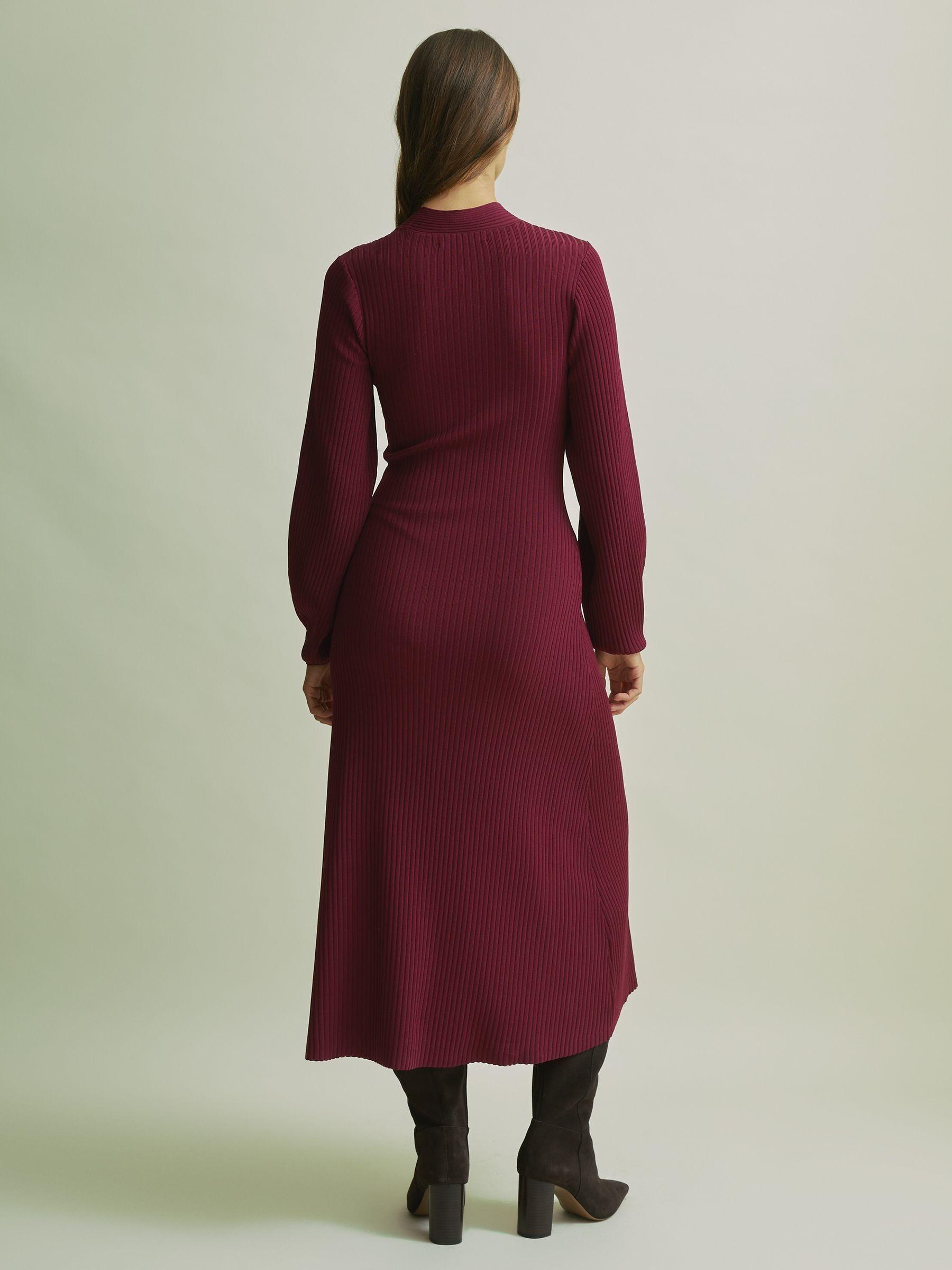 Florere Ribbed Blouson Sleeve Midi Dress in Burgundy Product Image