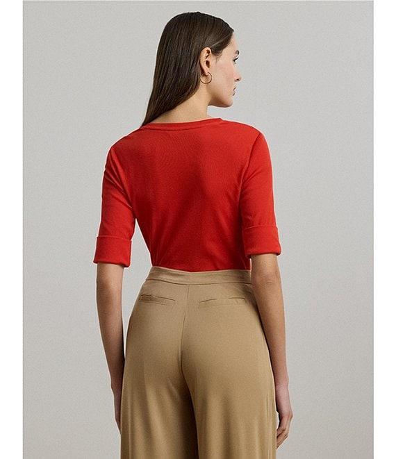 Lauren Ralph Lauren Stretch Cotton V-Neck Elbow Sleeve Fitted Tee Product Image