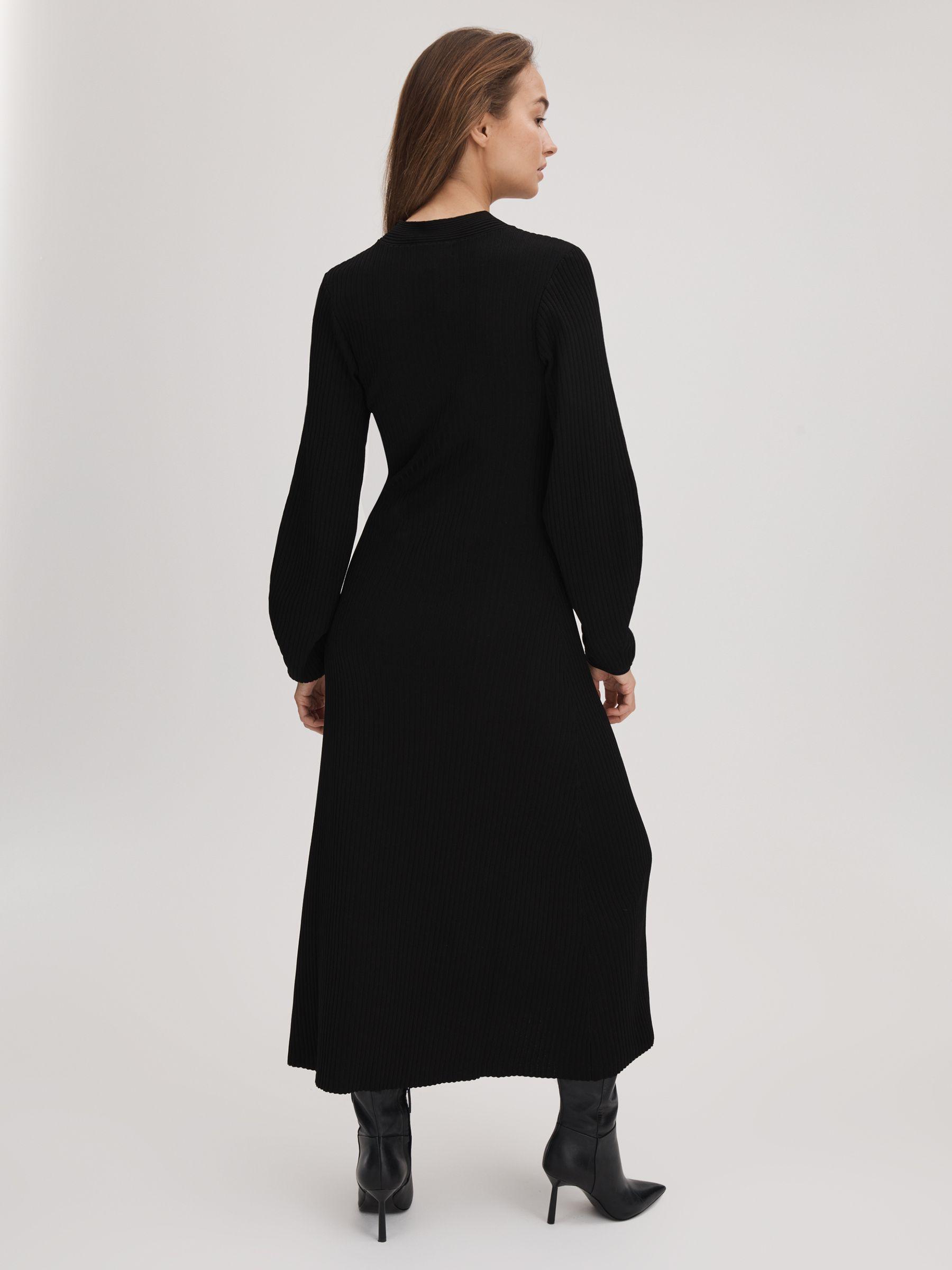 Florere Ribbed Blouson Sleeve Midi Dress in Black Product Image