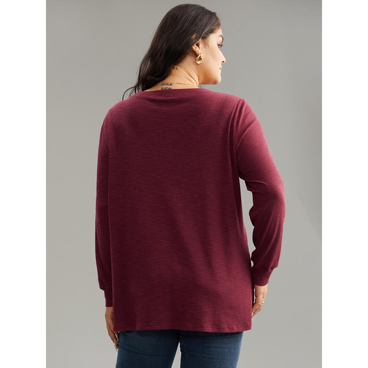 Plus Size Solid Lace Insert Crew Neck Cut Out T-shirt Burgundy Women Elegant Patchwork Plain Round Neck Dailywear T-shirts BloomChic 28/5X Product Image