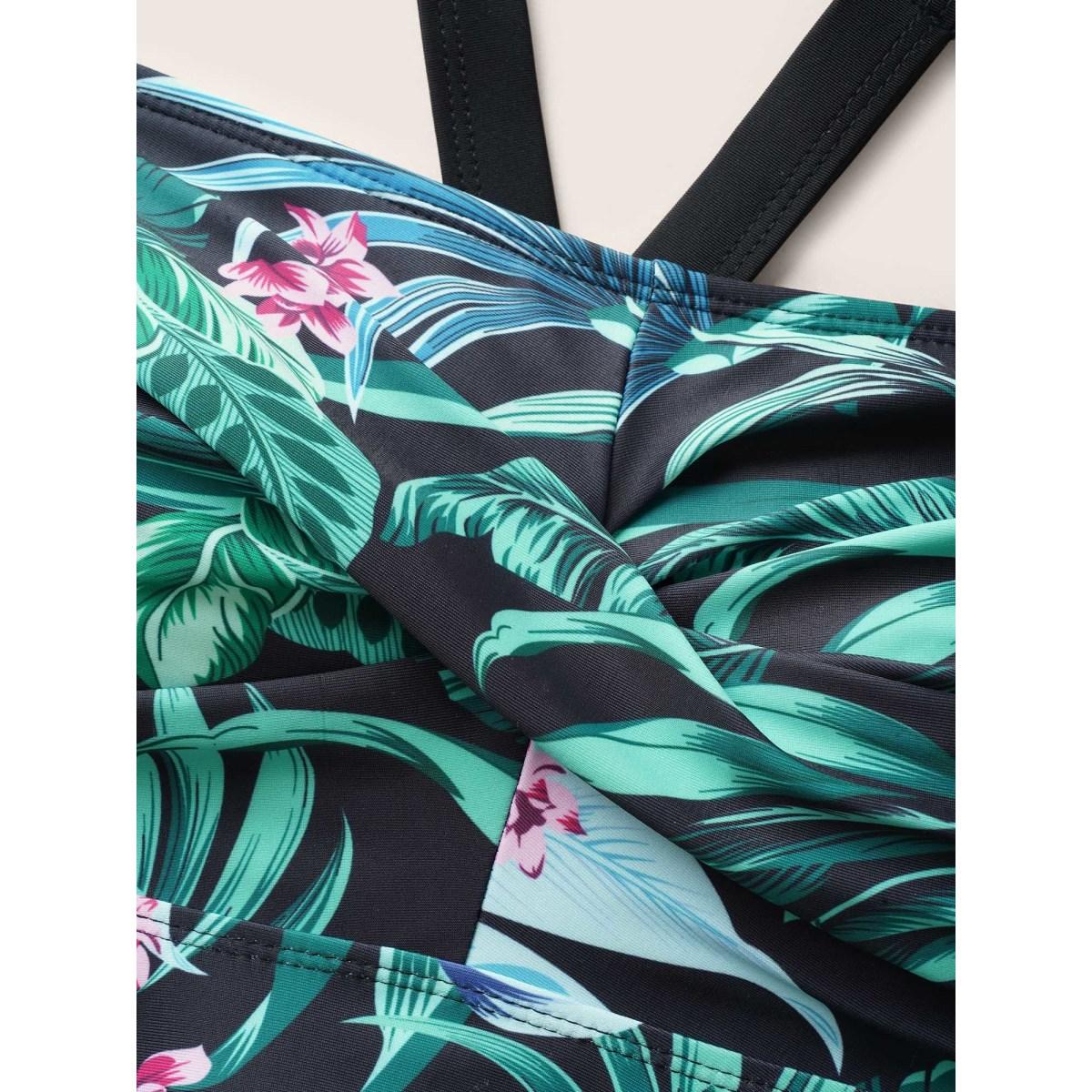 Plus Size Tropical Print Crossover Swim Top Women's Swimwear Multicolor Beach Twist High stretch Bodycon Heart neckline Curve Swim Tops BloomChic 18-20/2X Product Image
