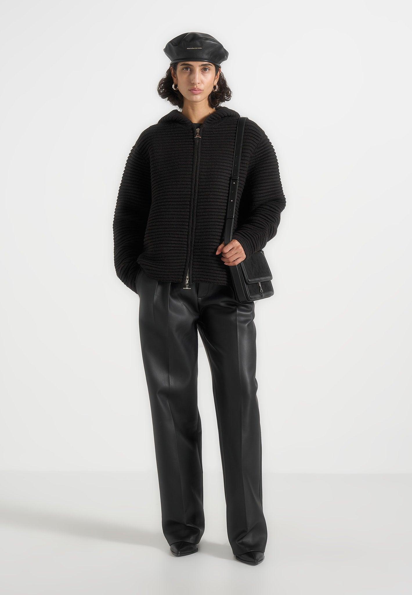 Eden - Unisex Ribbed Knit Zip Up Hoodie - Black Unisex Product Image