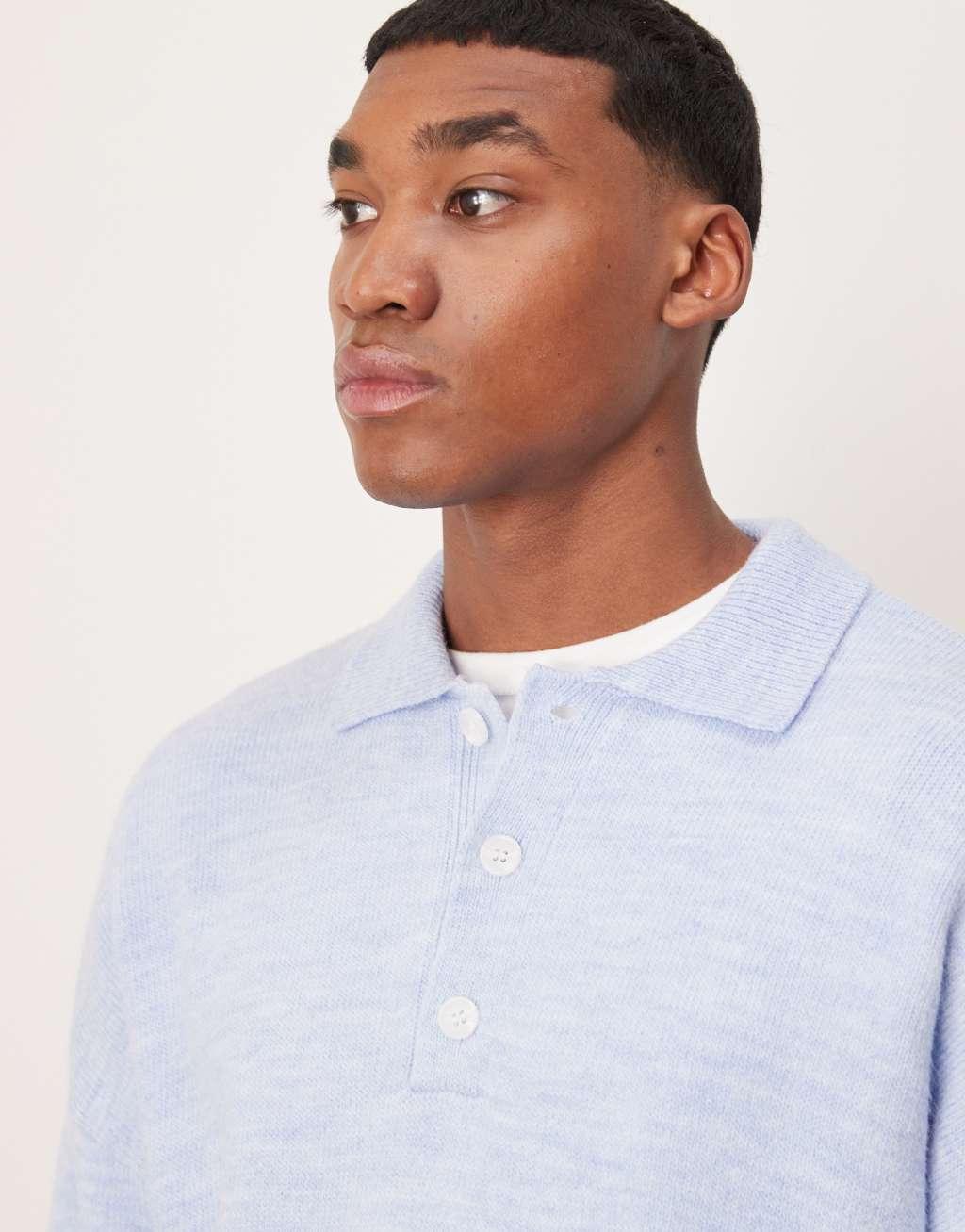 ASOS DESIGN oversized boxy fit knitted polo in light blue Product Image