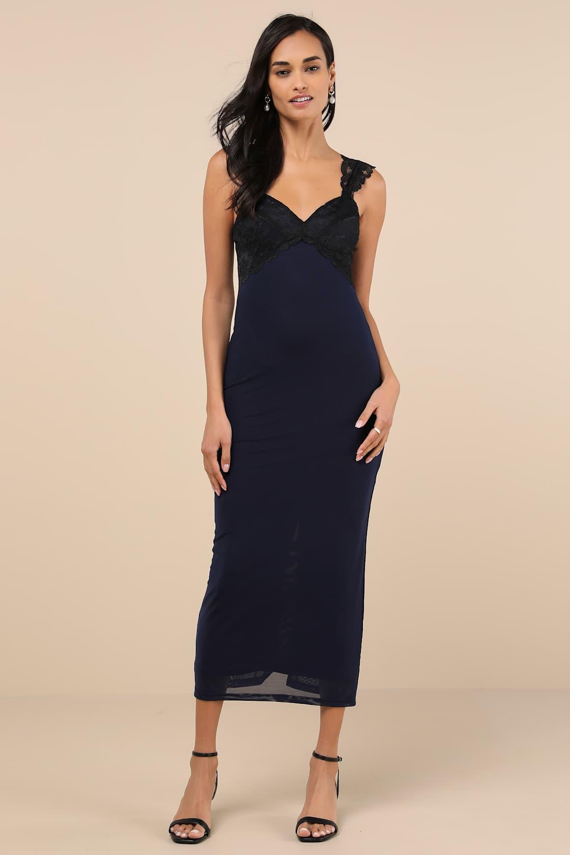 Flirty Whimsy Navy and Black Mesh Midi Dress Product Image