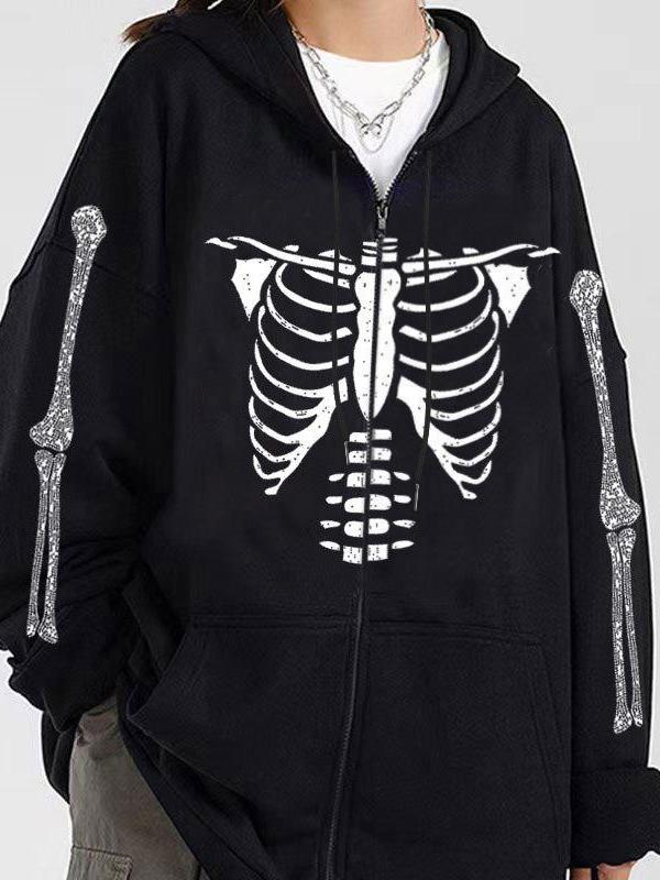 Skeleton Print Rhinestone Zip Up Oversized Hoodie Product Image