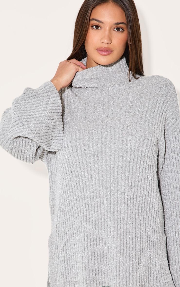 Ash Grey Rib Boucle Knit Oversized Sweater Product Image