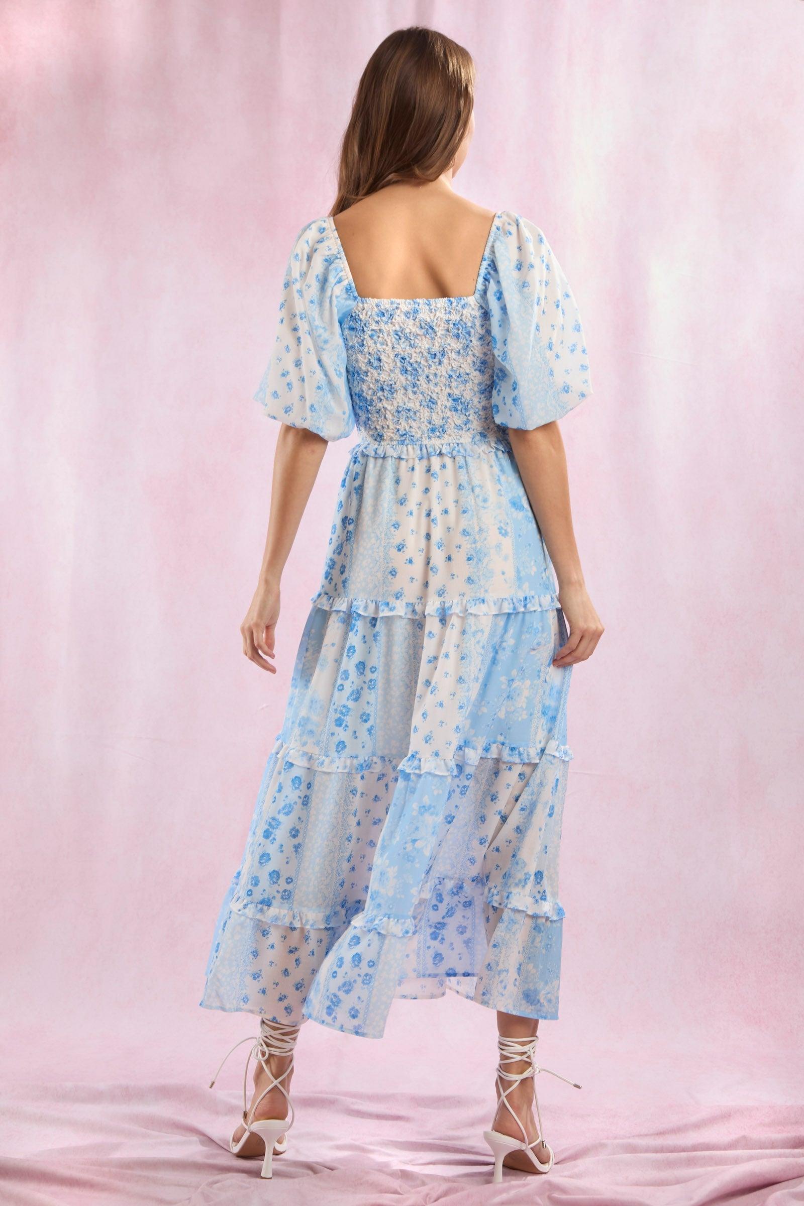 Patchwork Bubble Sleeve Maxi Dress Product Image
