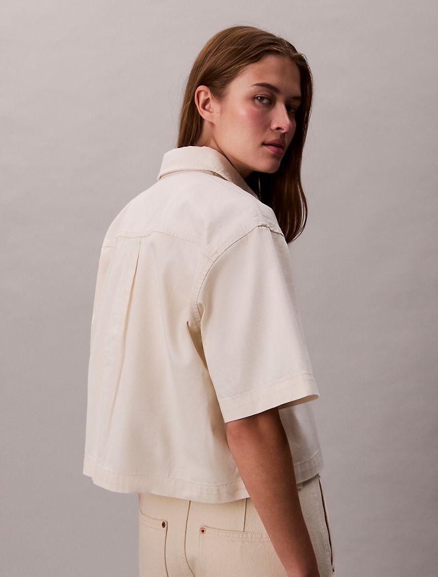 Denim Cropped Relaxed Button-Down Shirt  Product Image