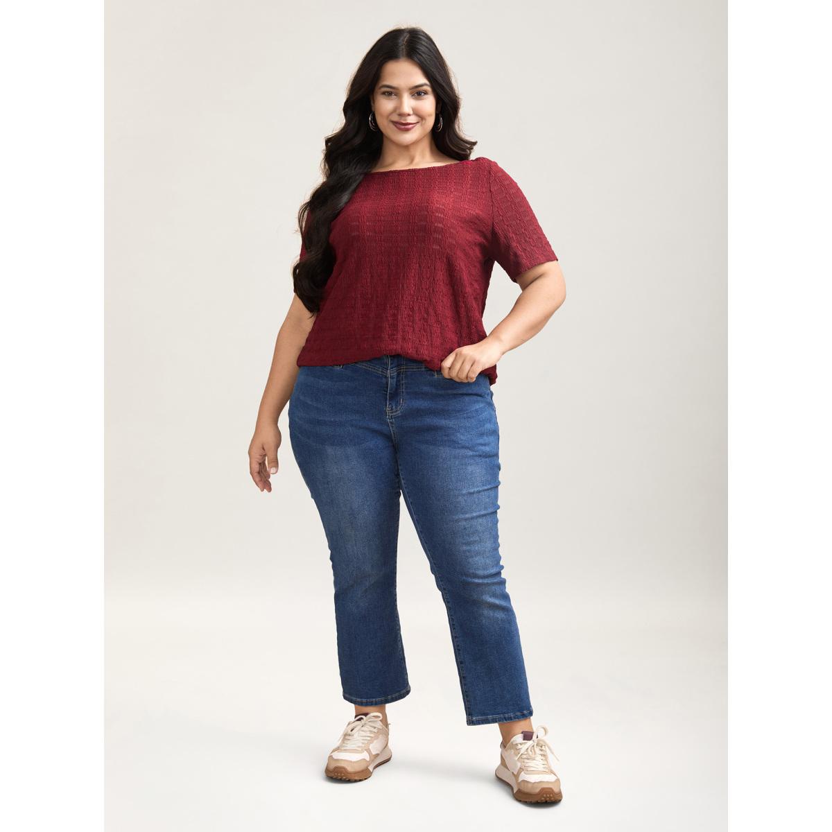 Plus Size Textured Back Lace Cut-Out Stretchy T-Shirt Burgundy Women Leisure Texture Boat Neck Casual T-shirts BloomChic 10/M Product Image