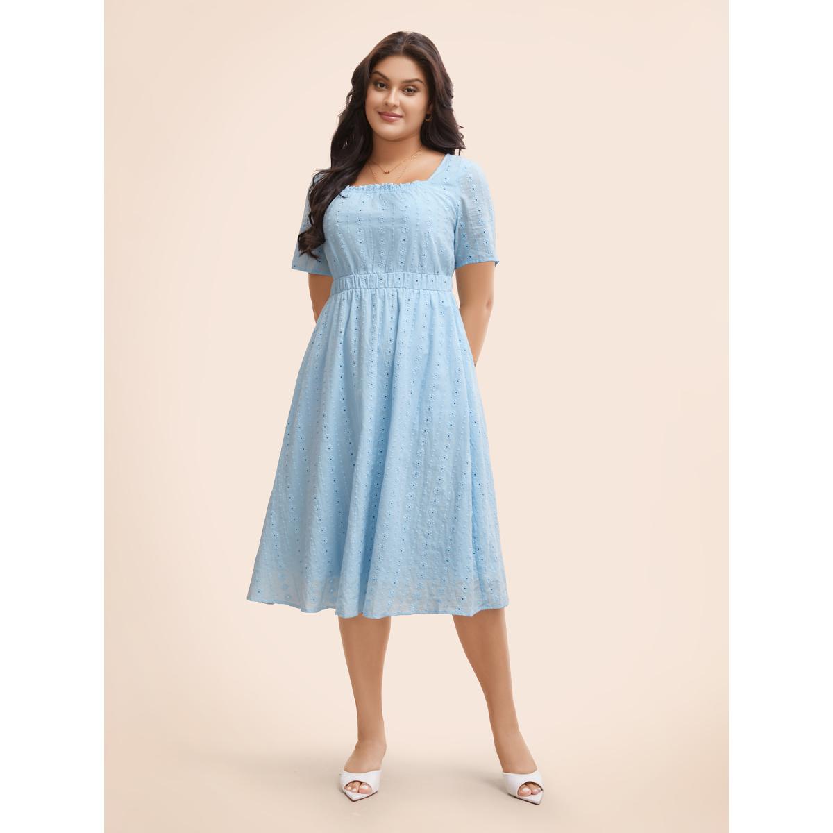 Plus Size Square Neck Broderie Anglaise Frill Trim Dress Skyblue Women Elegant Texture Square Neck Short sleeve Curvy BloomChic 10/M Product Image