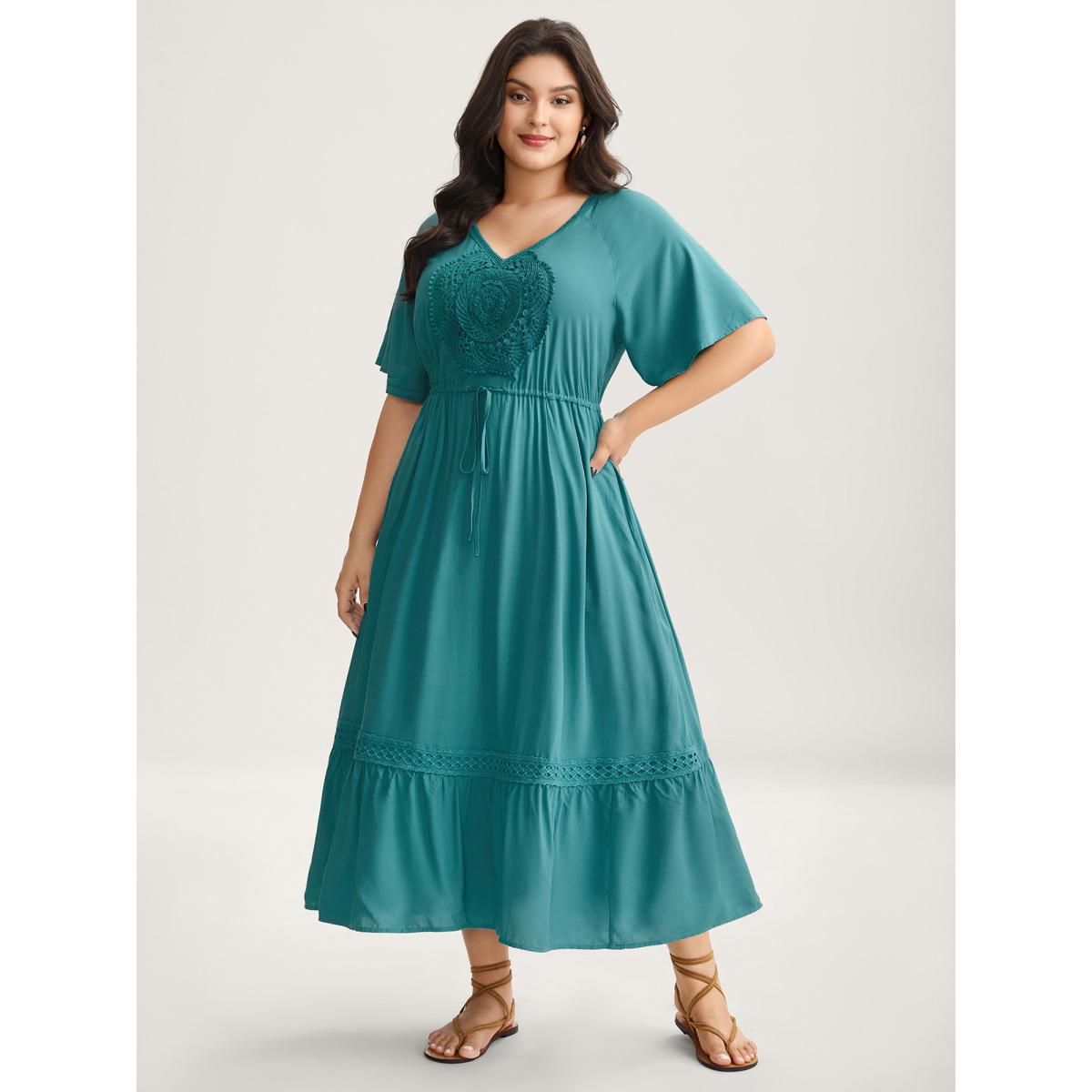 Plus Size Rayon Lace Trim Waist Tie Midi Dress Emerald Women V-neck Short sleeve Curvy BloomChic 18-20/2X Product Image