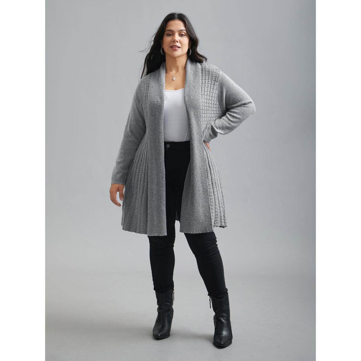 Plus Size Folded Kimono Collar Plain Plisse Cardigan DarkGray Women Casual Loose Long Sleeve Everyday Cardigans BloomChic 10/M Product Image