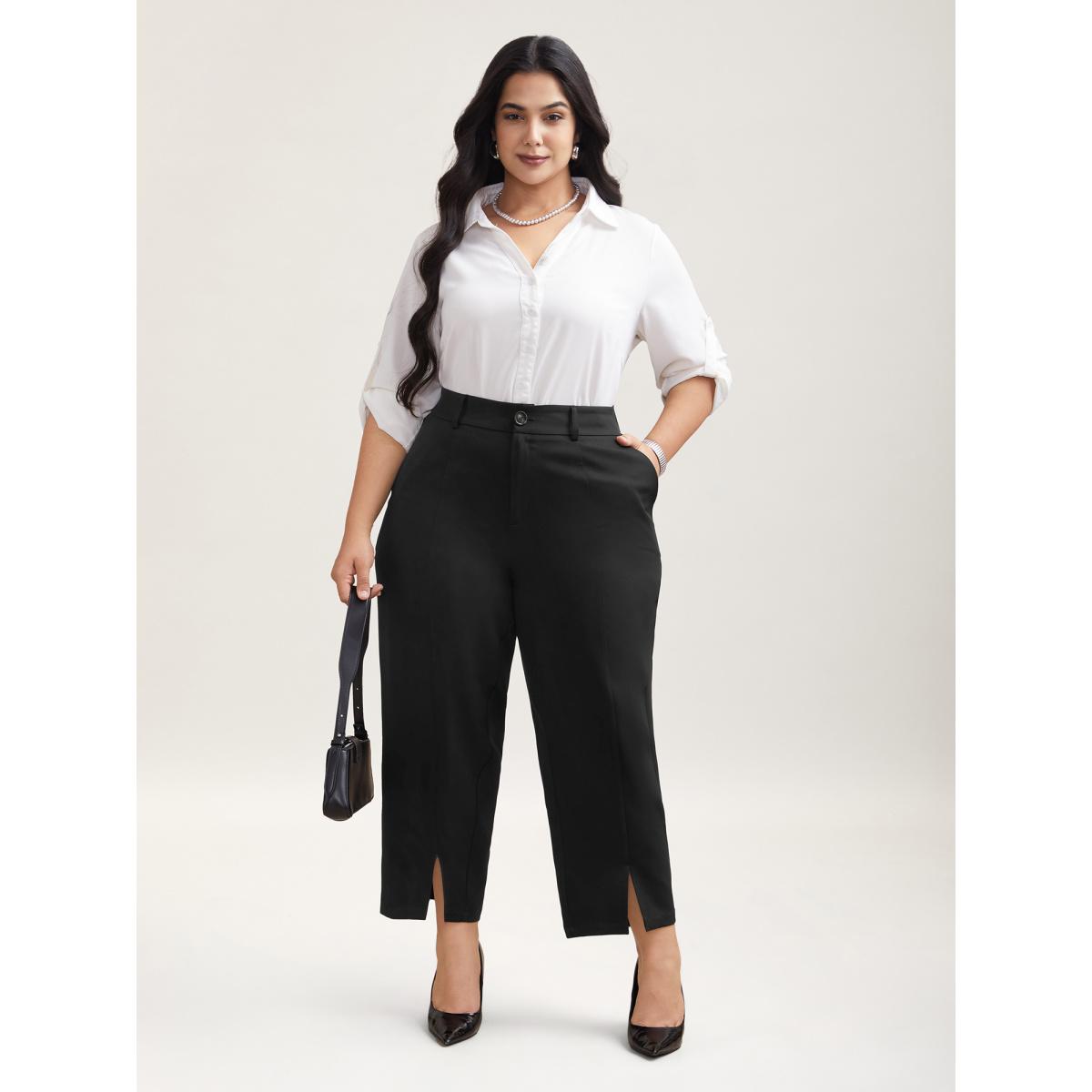 Plus Size Pleated Loop Straight-Leg Pants Women Black At the Office Straight Leg Mid Rise Office Pants BloomChic 26/4X Product Image