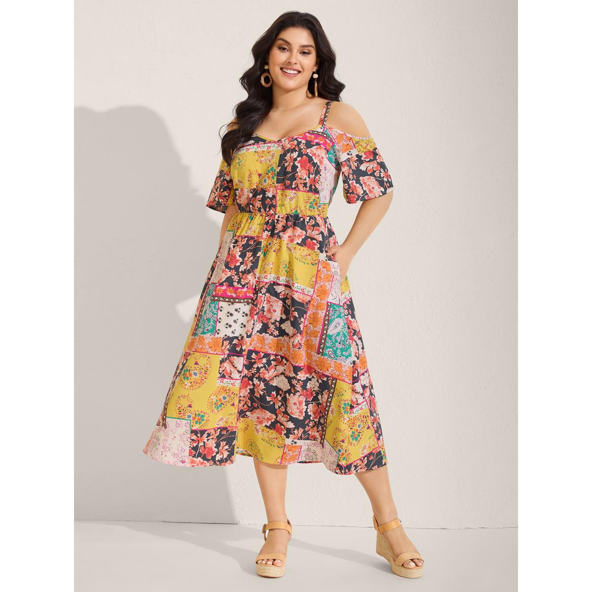 Plus Size Boho Floral Print Cold-Shoulder Midi Dress Multicolor Women Non Sleeveless Curvy BloomChic 26/4X Product Image