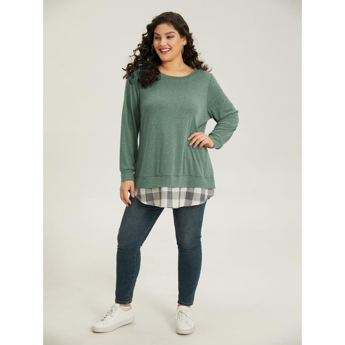Plus Size Heather Plaid Patchwork Crew Neck T-shirt Green Women Leisure Heather Plaid Round Neck Casual T-shirts BloomChic 18-20/2X Product Image