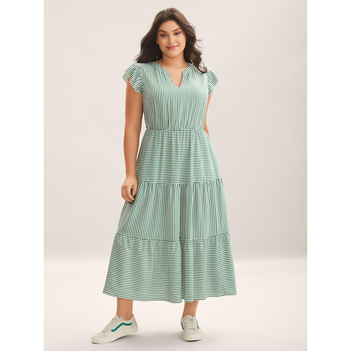Plus Size Breezy Stripes Tiered Maxi Dress Emerald Women Flat collar with V-notch Cap Sleeve Curvy BloomChic 14-16/1X Product Image