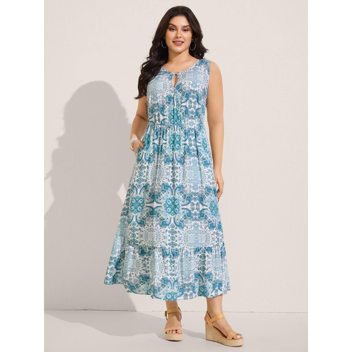 Plus Size Rayon Paisley Print Layered Midi Dress Arctic Women Boho Round Neck Sleeveless Curvy BloomChic 12/L Product Image