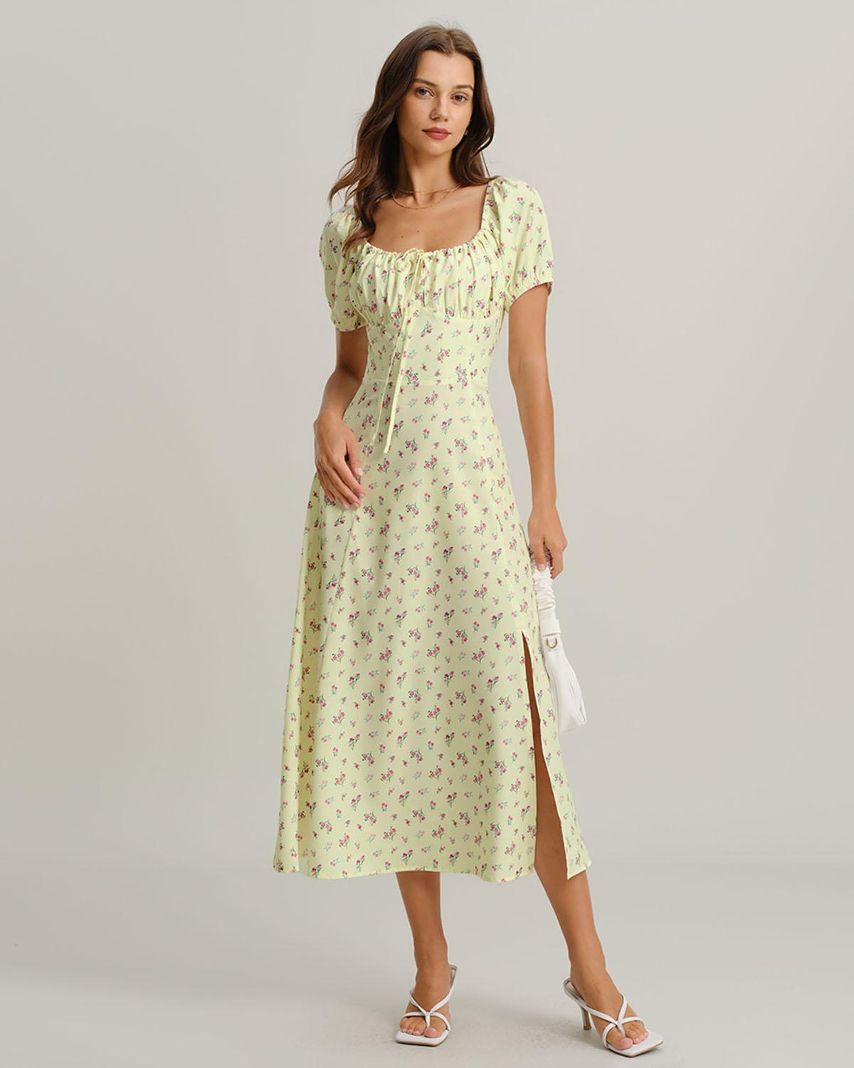 Yellow Floral Square Neck Puffed Sleeve Midi Dress Product Image