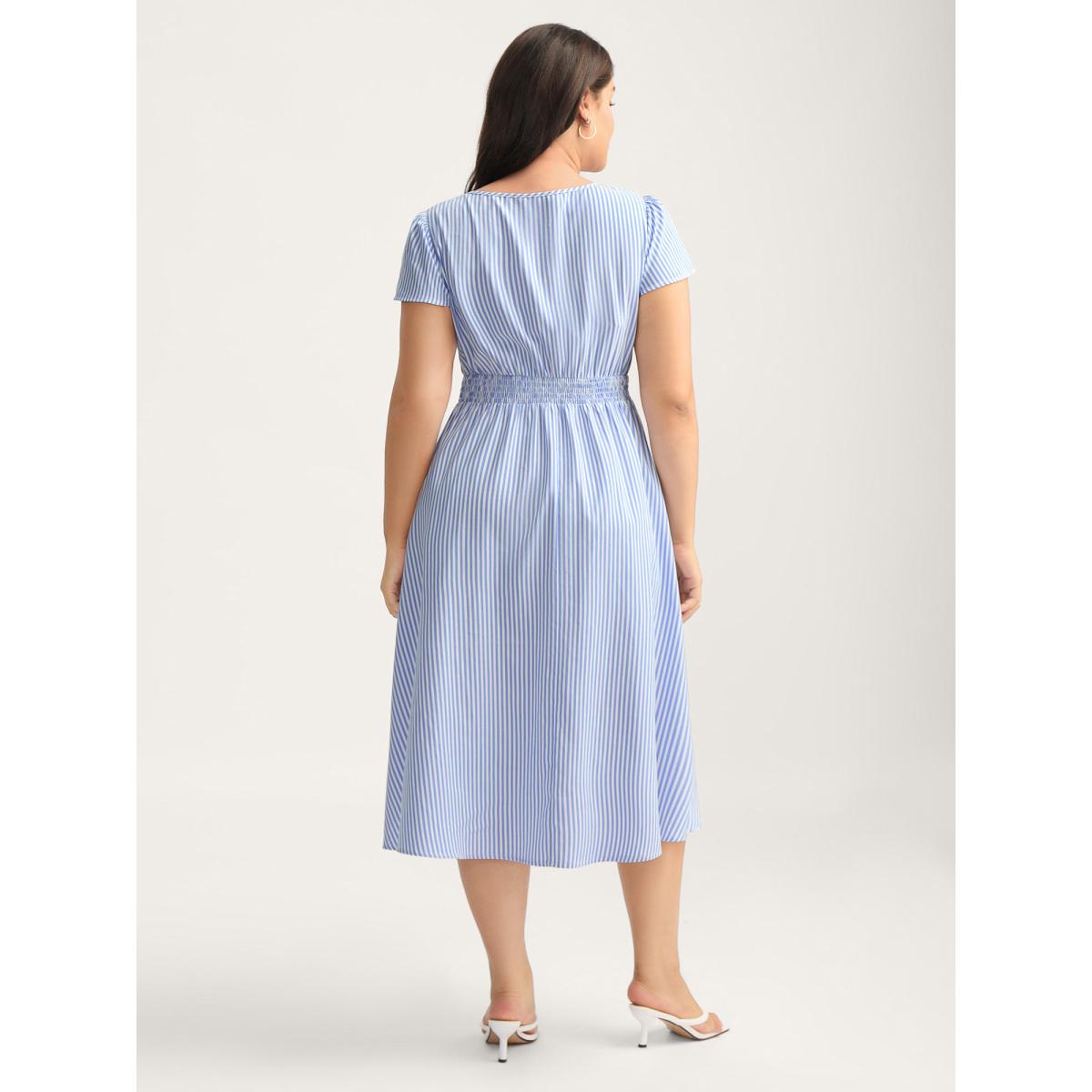 Plus Size Striped Zipper Front Shirred Waist Midi Dress LightBlue Women Shirred V-neck Cap Sleeve Curvy BloomChic 14-16/1X Product Image