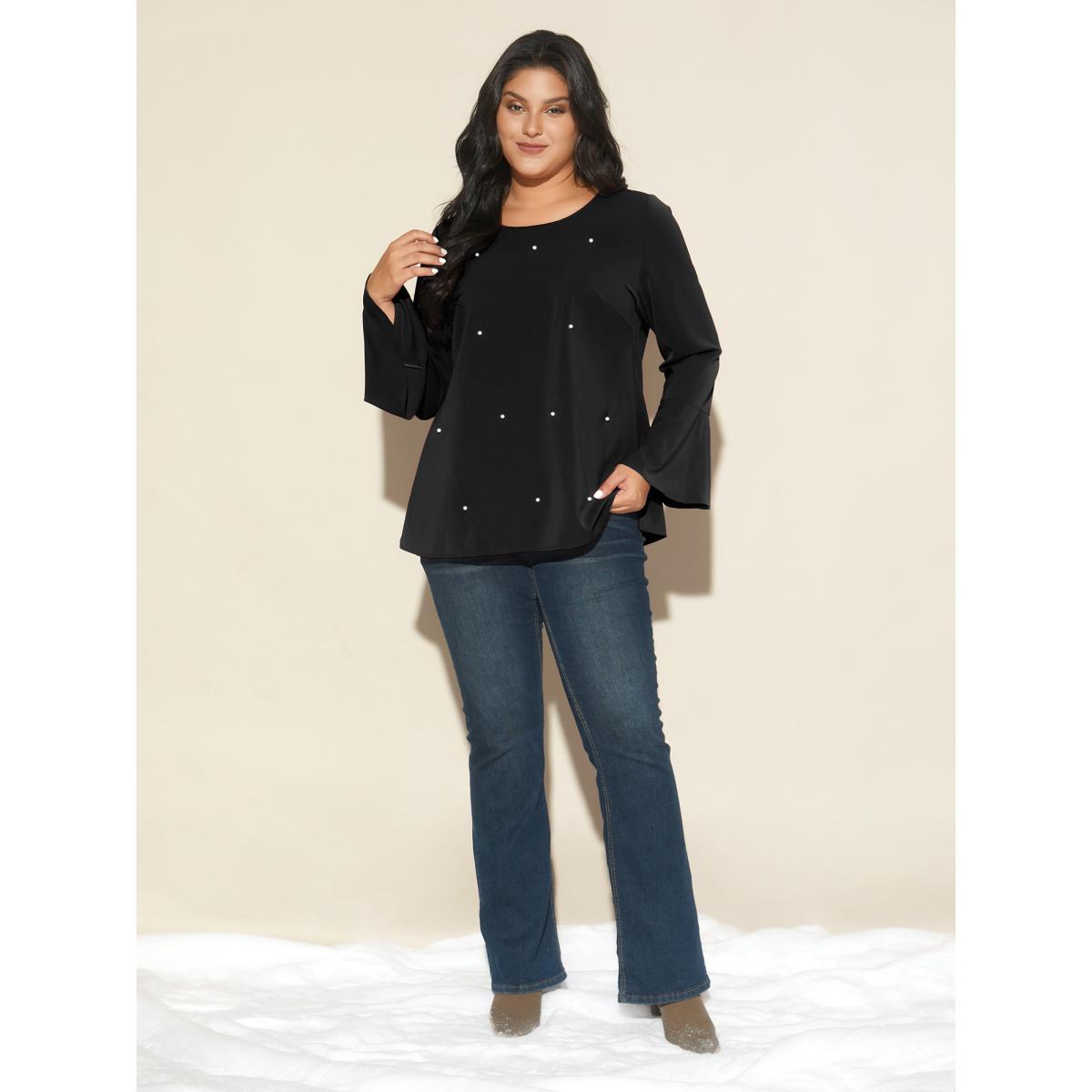 Plus Size Black Beaded Embellished Bell Sleeves Blouse Women Cocktail Long Sleeve Round Neck Party Blouses BloomChic 18-20/2X Product Image