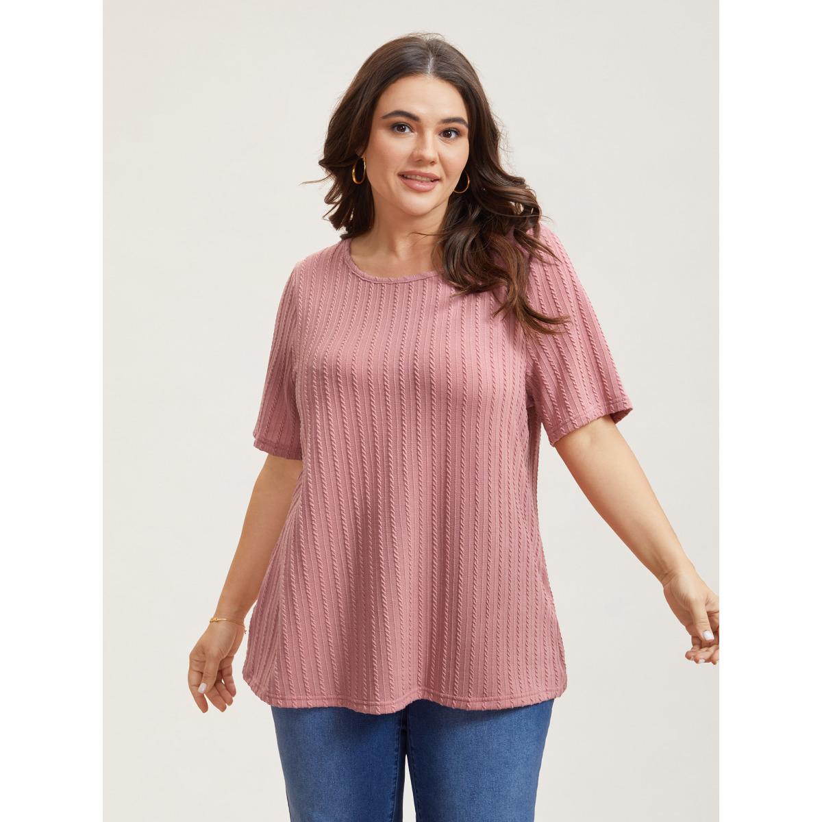 Plus Size Cable Knit Textured Round Neck T-Shirt Beanpastepowder Women Leisure Texture Round Neck Casual T-shirts BloomChic 26/4X Product Image