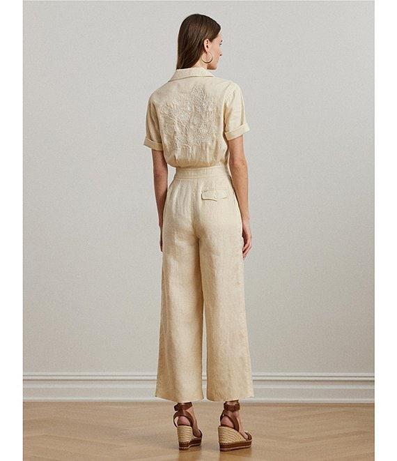 Lauren Ralph Lauren Linen Notch Collar Short Sleeve Embroidered Wide-Leg Jumpsuit Product Image