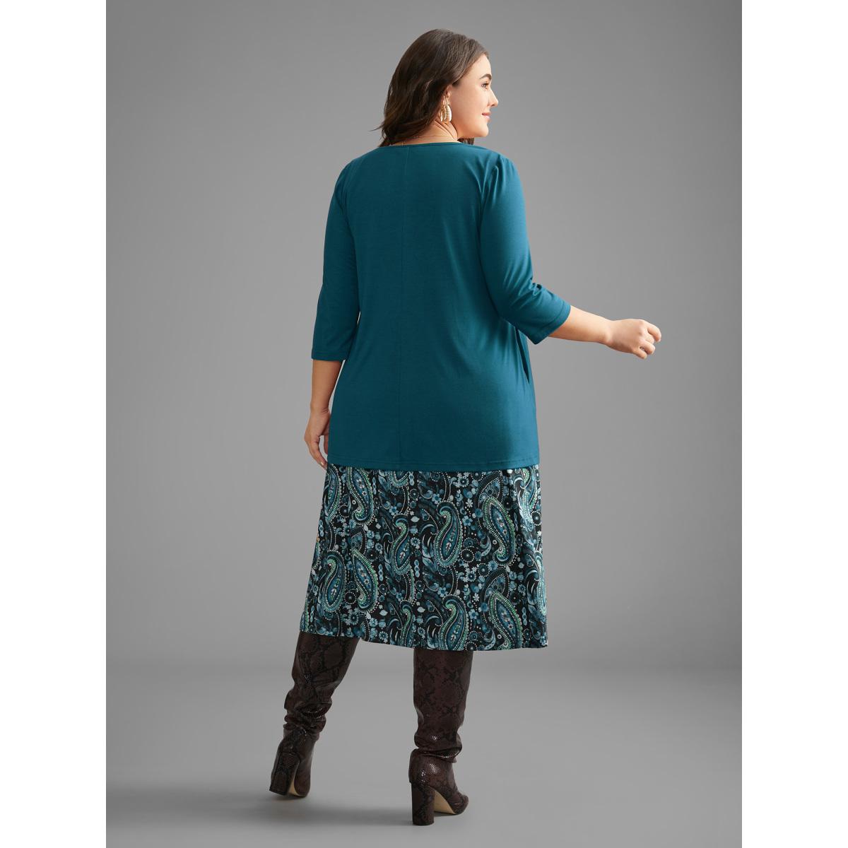 Plus Size Two Piece Paisley Print Knit Dress Set Teal Women Elegant Tiered Knit Dresses Bloomchic 14-16/1X Product Image