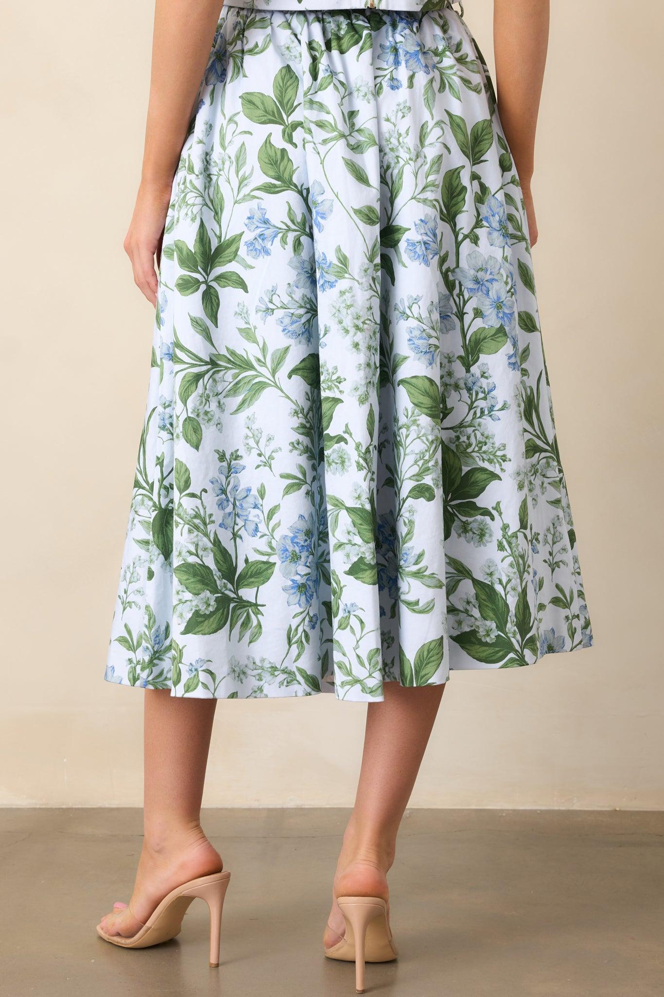 Thena Blue Lilacs Botanical Print Cotton Midi Skirt Product Image