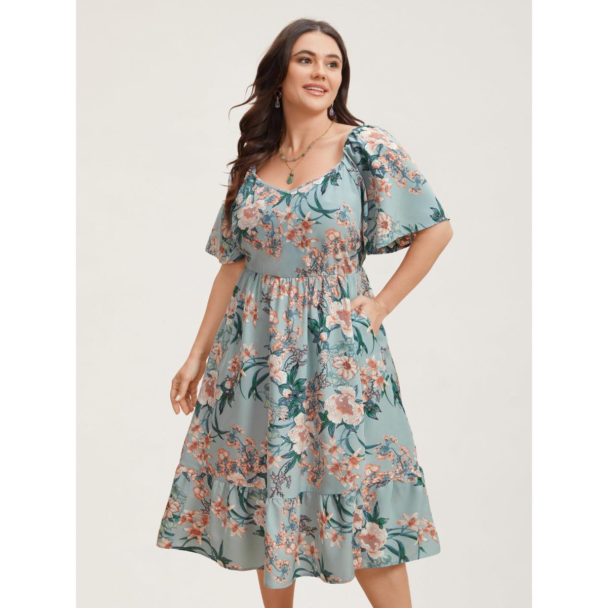 Plus Size Floral Print Flared Sleeve Pockets Midi Dress Mint Women Elegant Non Heart neckline Short sleeve Curvy BloomChic 14-16/1X Product Image