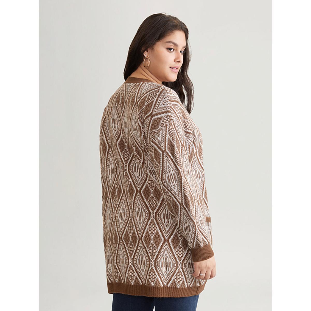 Plus Size Geometric Graphic Patched Pocket Jacquard Cardigan DarkBrown Women Casual Loose Long Sleeve Dailywear Cardigans BloomChic 22-24/3X Product Image