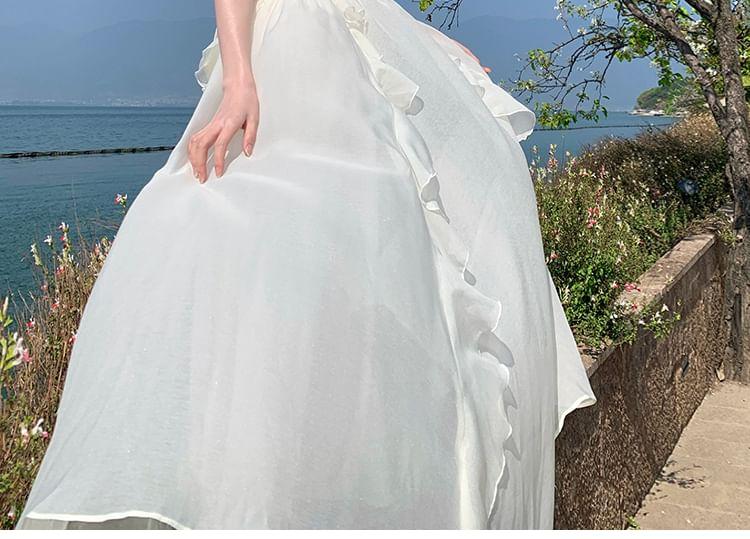 Halter-Neck Plain Ruffled Floral Midi A-Line Dress Product Image