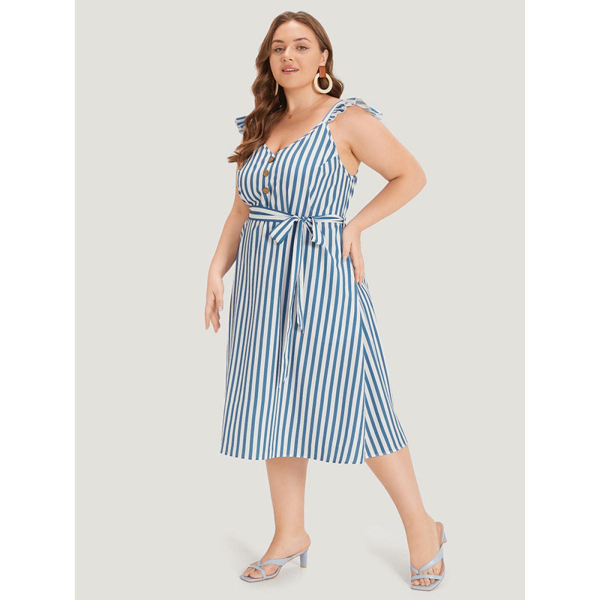 Plus Size Striped Ruffle Trim Button Detail Belted Dress Blue Women Elegant Belted V-neck Cap Sleeve Curvy Midi Dress BloomChic 12/L Product Image