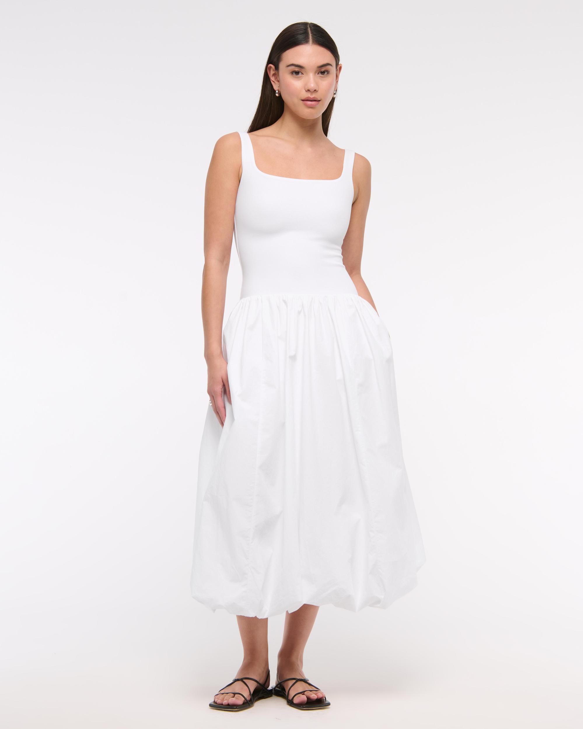 Mixed Fabric Bubble Hem Midi Dress Product Image