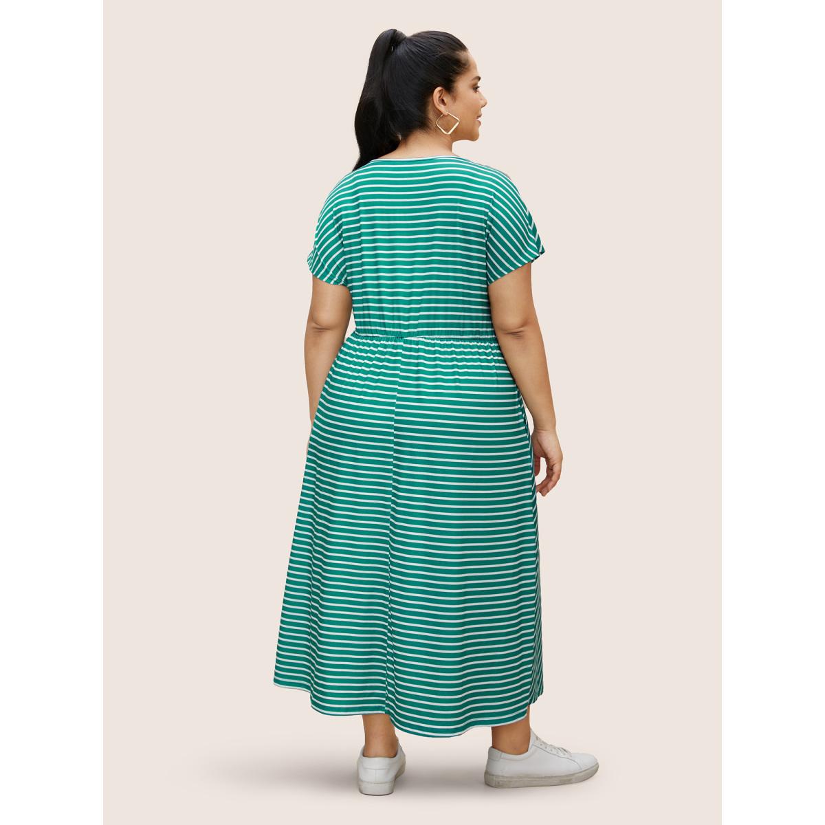 Plus Size Striped Tie Knot Batwing Sleeve Split Side Dress Emerald Women Casual Tie knot Round Neck Cap Sleeve Curvy BloomChic 18-20/2X Product Image