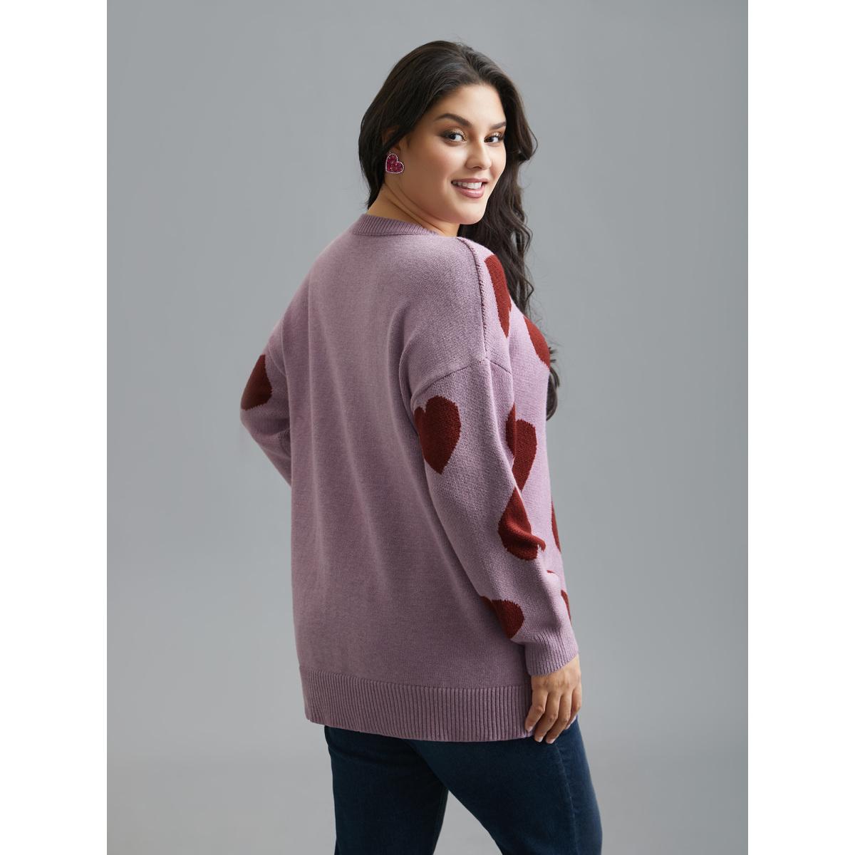 Plus Size Round Neck Contrast Heart Jacquard Pullover Lilac Women Casual Loose Long Sleeve Round Neck Everyday Pullovers BloomChic 30/6X Product Image