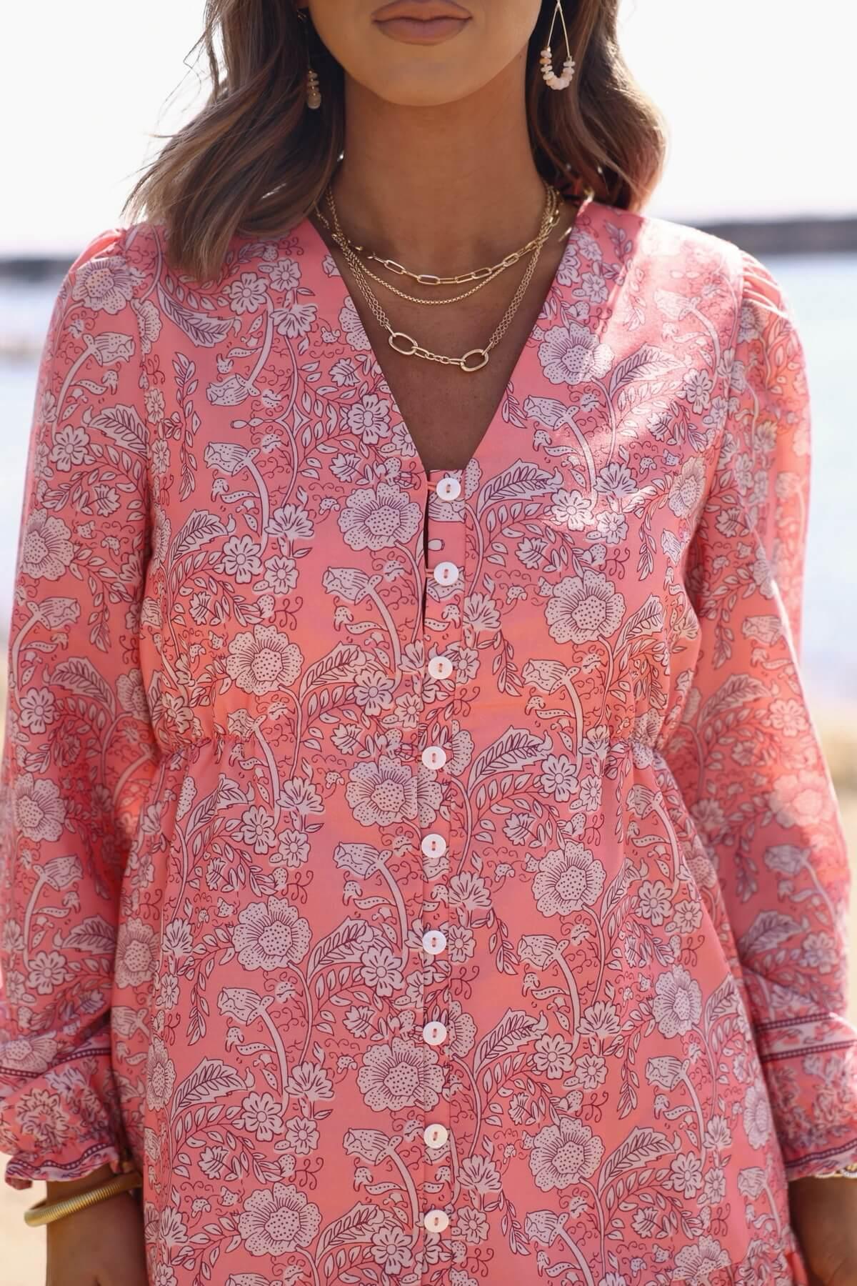 Rosie Pink Floral Print Buttoned Mini Dress -  DOORBUSTER Product Image