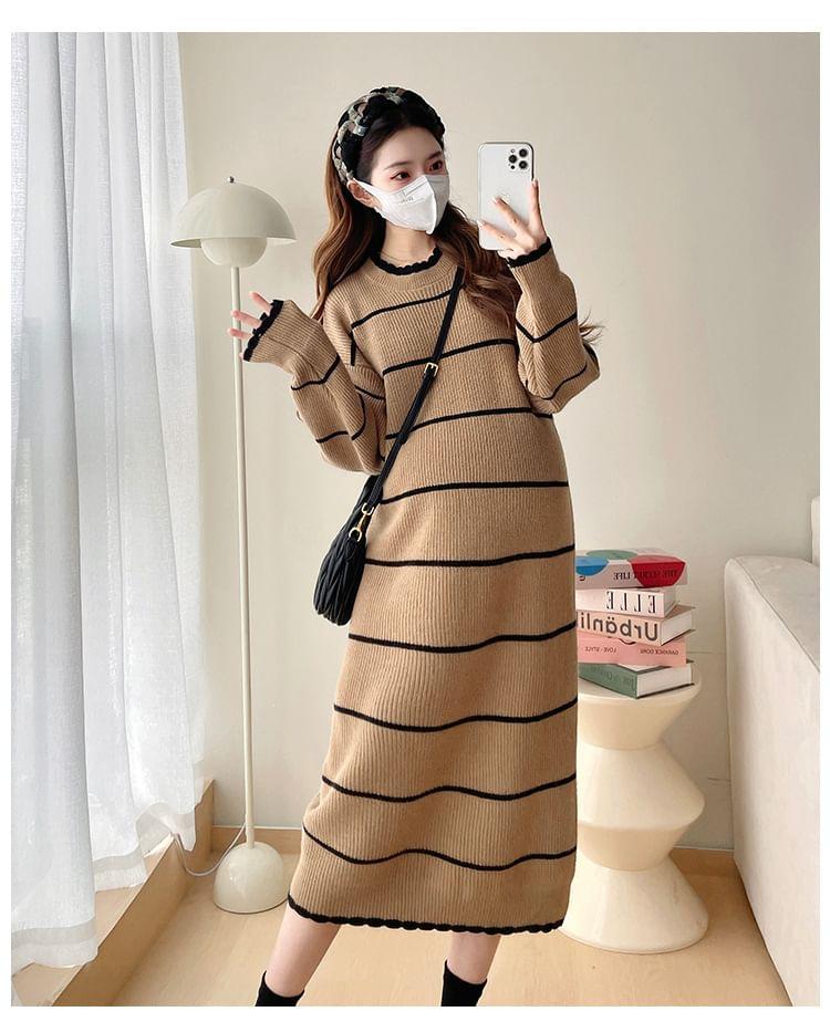 Maternity Long Sleeve Round Neck Striped Ribbed Midi Shift Sweater Dress Product Image