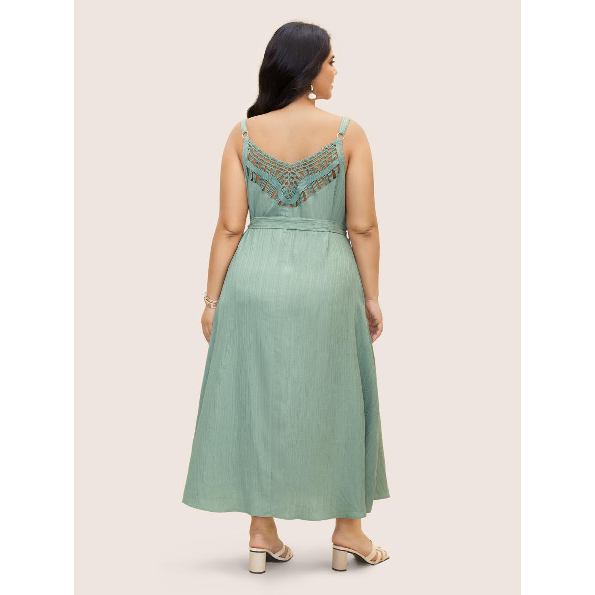 Plus Size Texture Lace Trim Belted Cami Dress Mint Women Resort Woven ribbon&lace trim V-neck Sleeveless Curvy BloomChic 18-20/2X Product Image