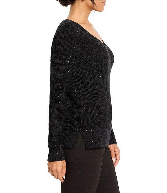 NIC + ZOE Shimmer Waffle Knit V-Neck Long Sleeve Sweater Product Image