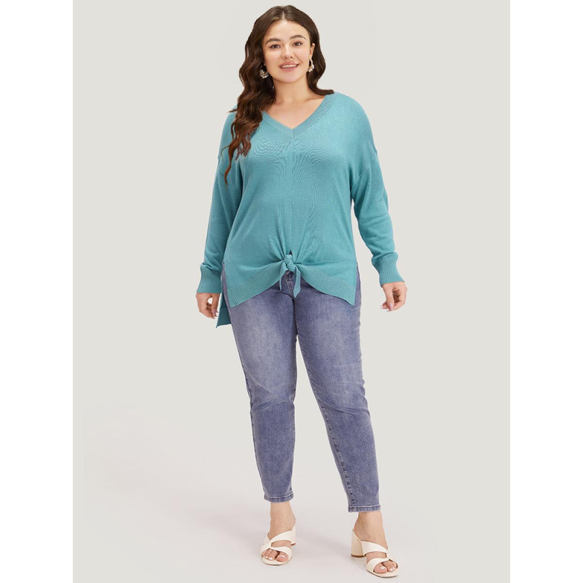 Plus Size Supersoft Essentials Bowknot Front Split Side Pullover Cerulean Women Casual Loose Long Sleeve V-neck Dailywear Pullovers BloomChic 22-24/3X Product Image