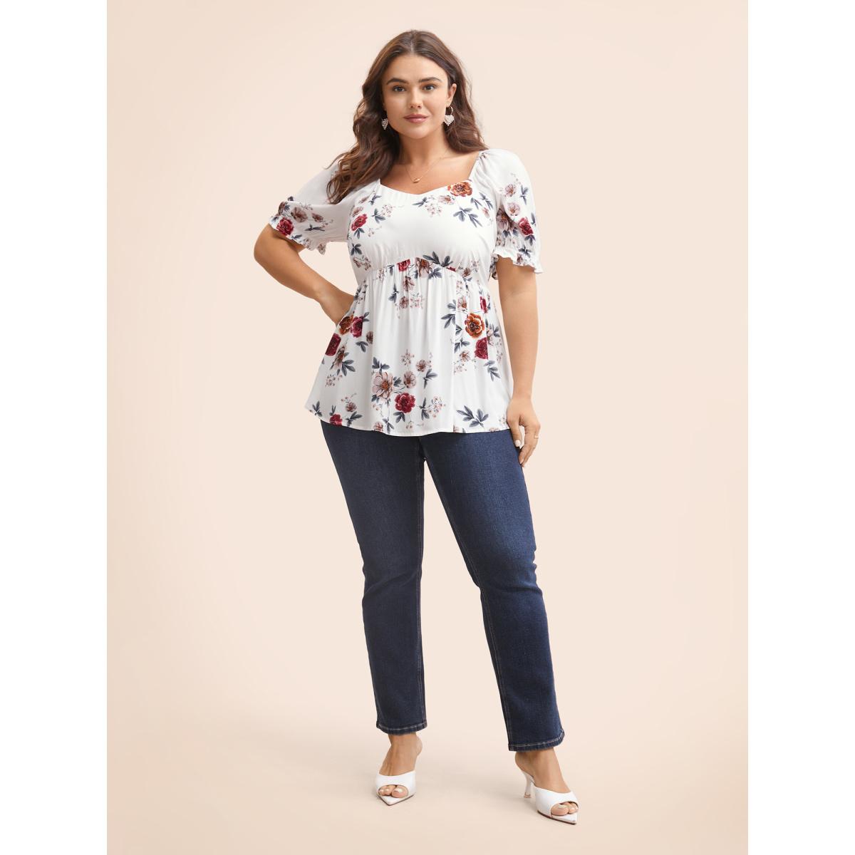 Plus Size White Floral Print Square Neck Gathered Puff Sleeve Blouse Women Elegant Short sleeve Heart neckline Dailywear Blouses BloomChic 12/L Product Image