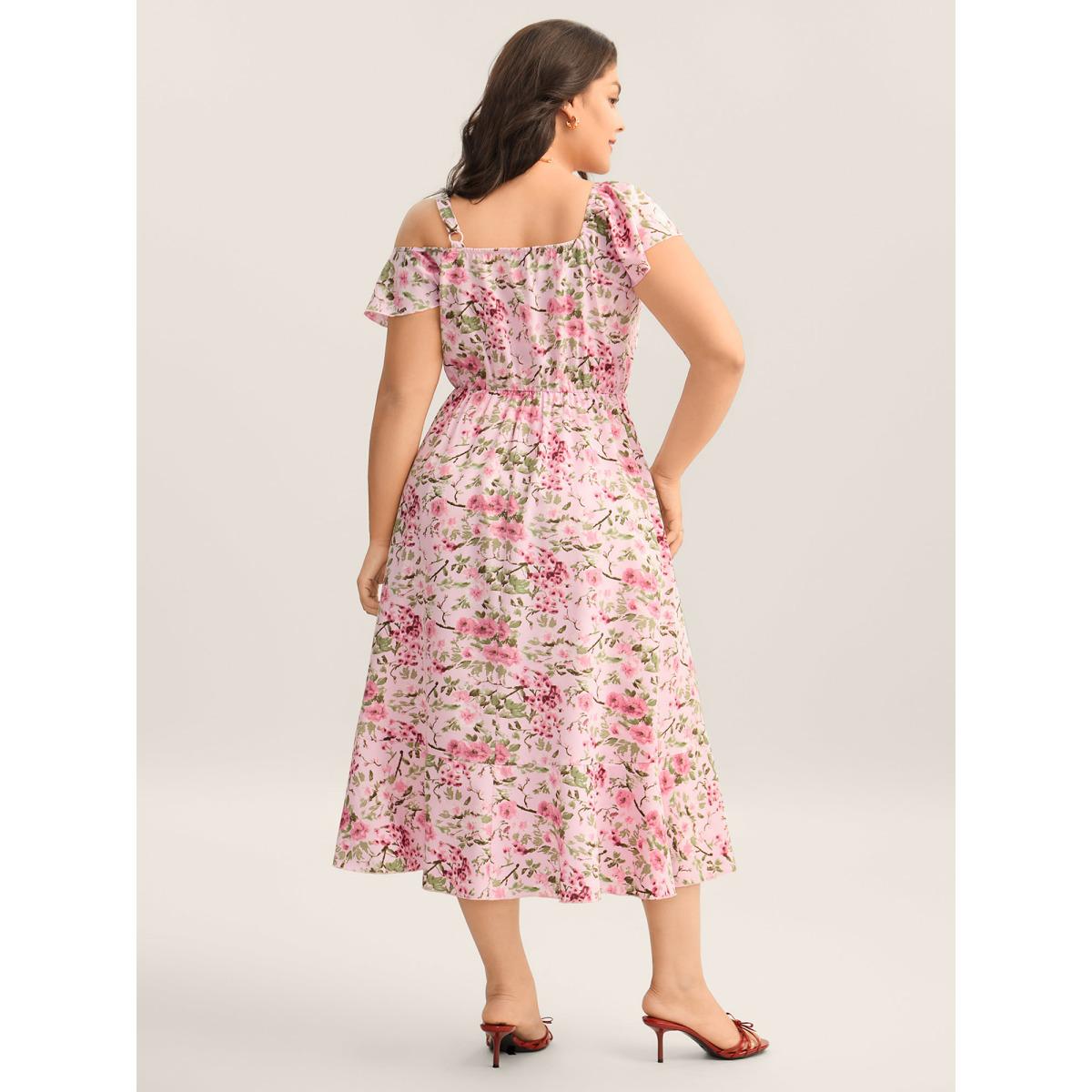 Plus Size Floral Print Wrap One-Shoulder Midi Dress Lightpink Women V-neck Cap Sleeve Curvy BloomChic 10/M Product Image