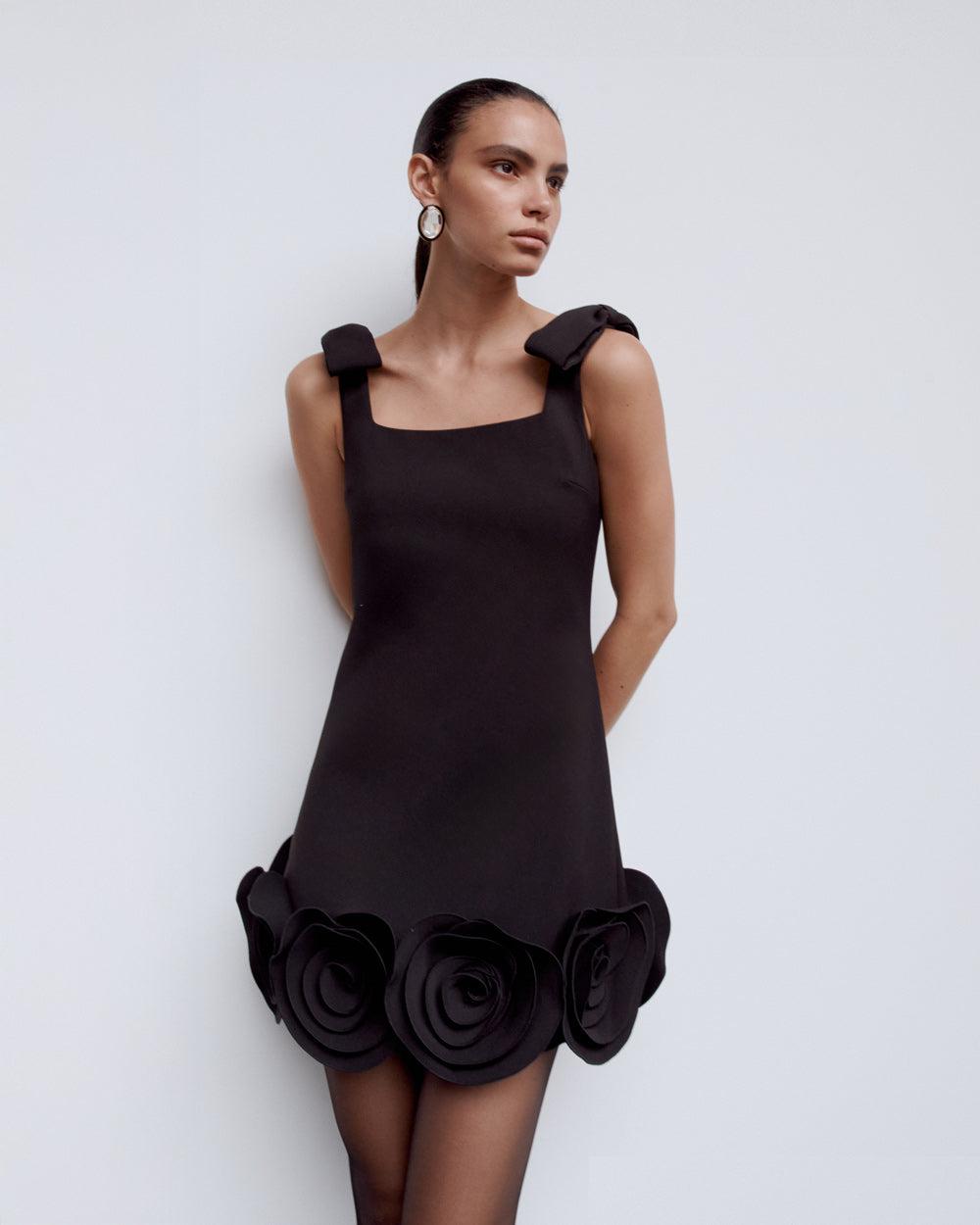 Black Crepe 3D Flower Mini Dress Product Image