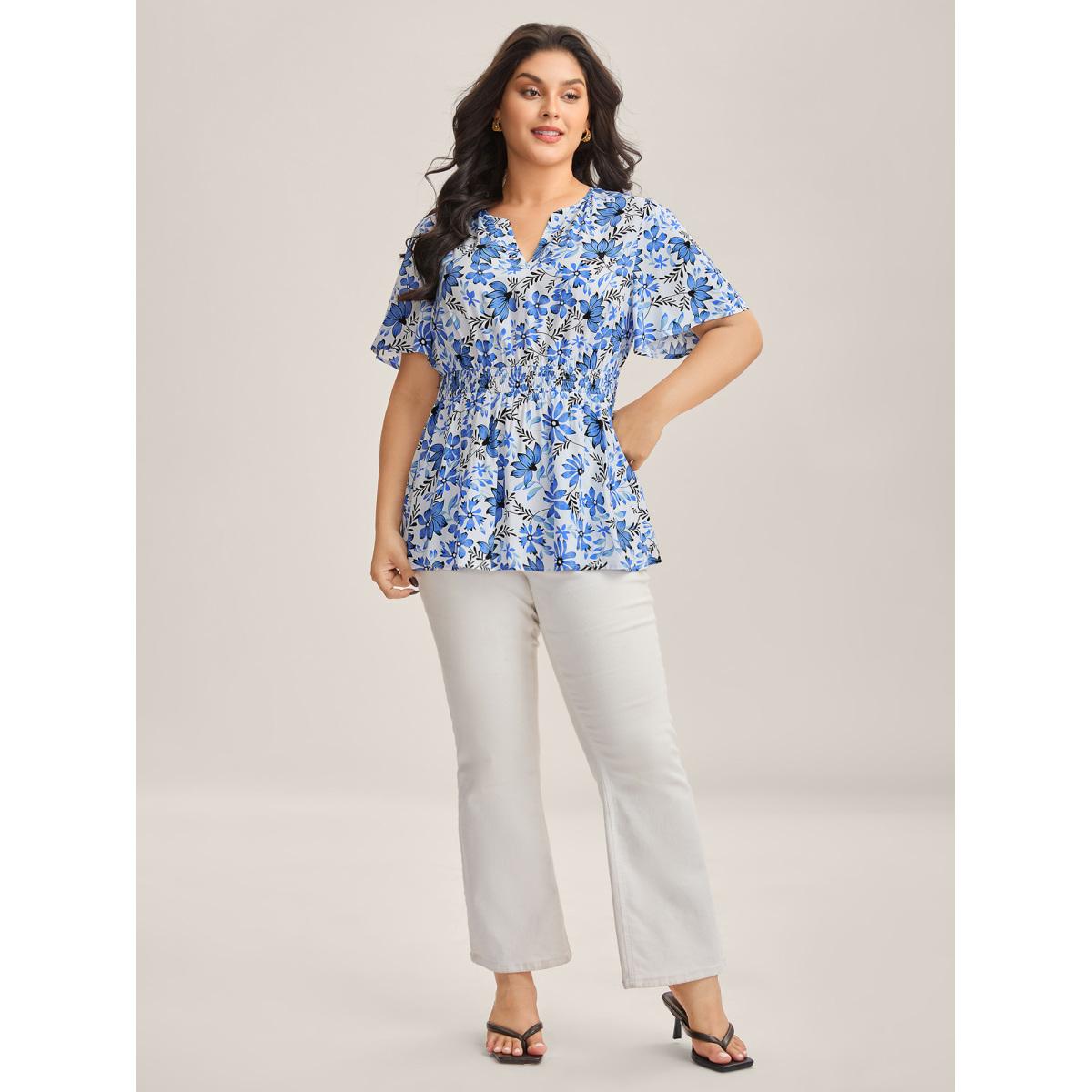 Plus Size Skyblue Floral Notched Collar Shirred Waist Blouse Women Short sleeve Flat collar Everyday-Elegant Blouses BloomChic 14-16/1X Product Image