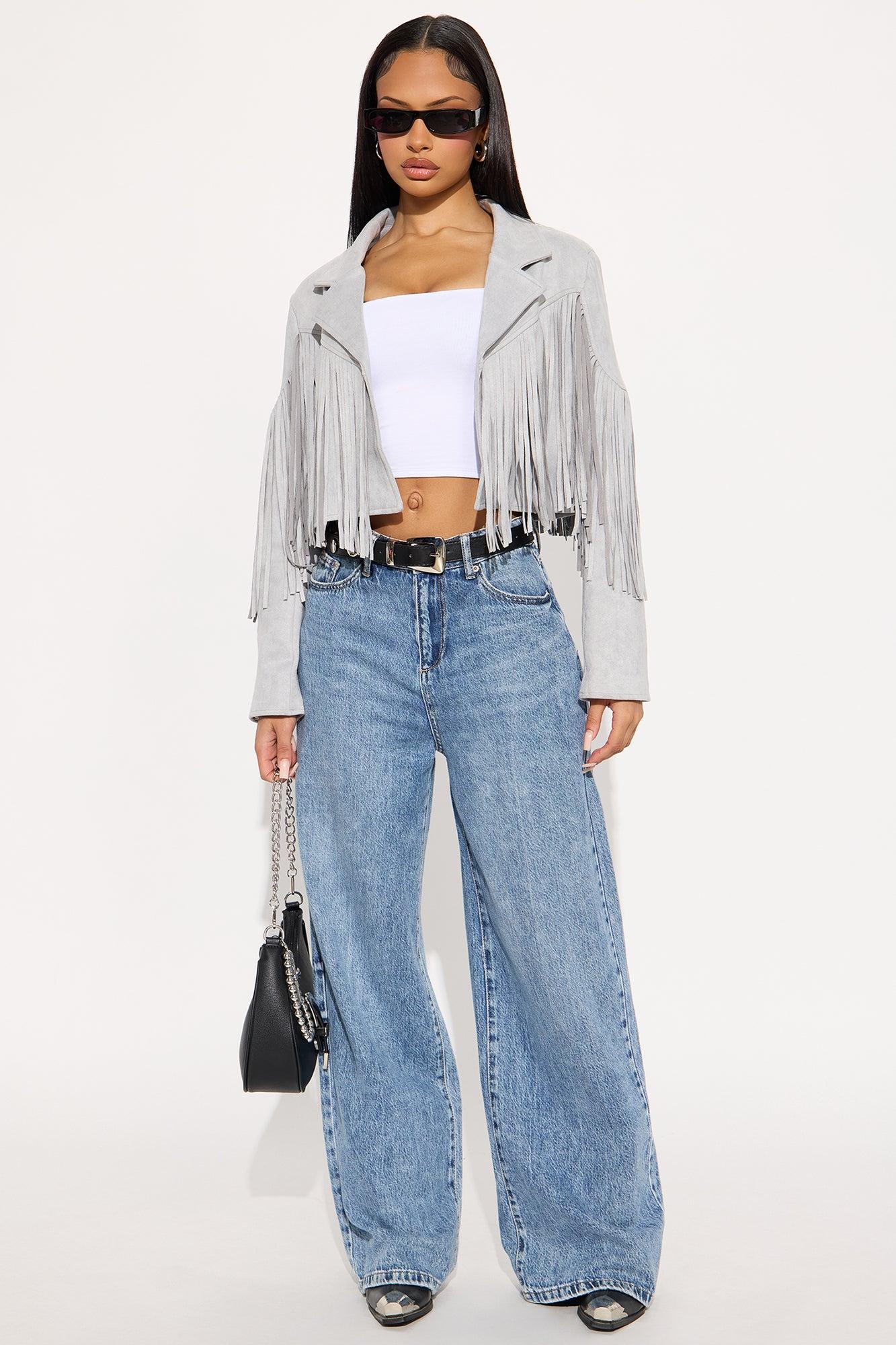 Rodeo Ready Fringe Faux Suede Jacket - Light Grey Female Product Image