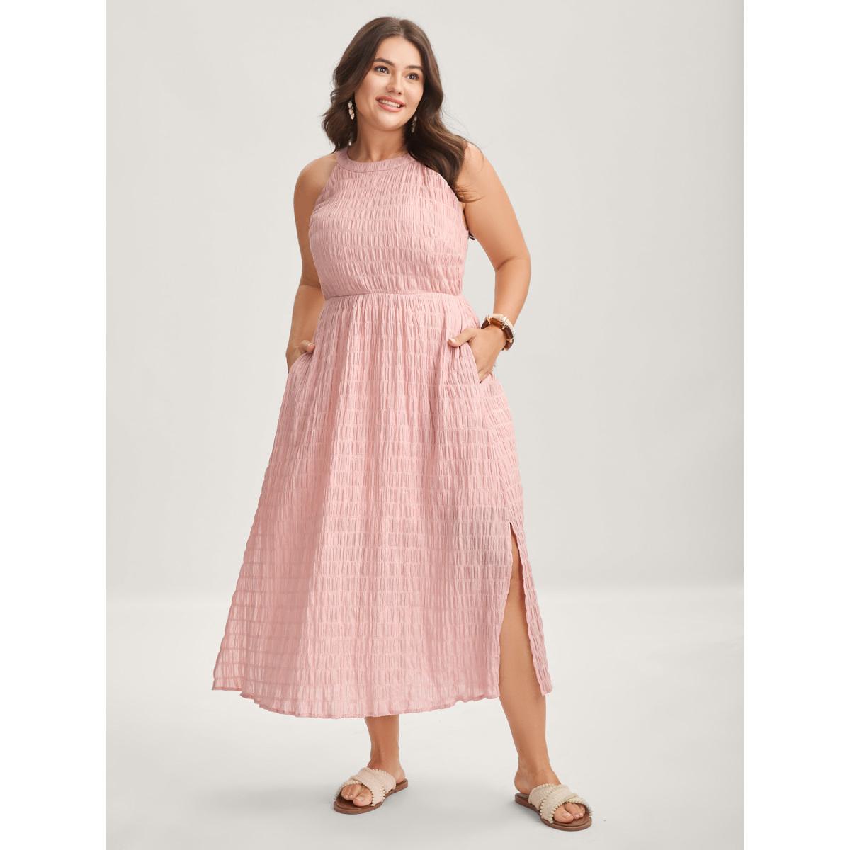Plus Size Textured Halter Neck Solid Midi Dress Nudepink Women Halter neck Sleeveless Curvy BloomChic 28/5X Product Image