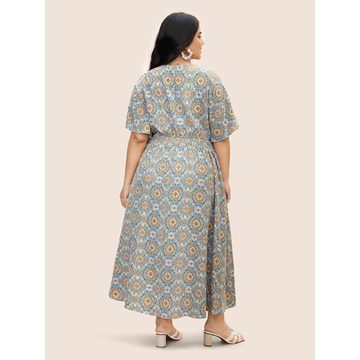 Plus Size Boho Print Shirred Pleated Maxi Dress Stone Women Resort Slit V-neck Half Sleeve Curvy BloomChic 22-24/3X Product Image