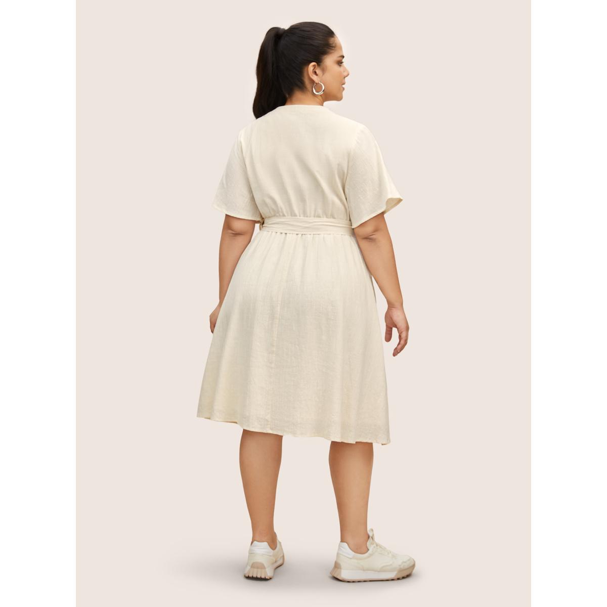 Plus Size Notched Collar Plain Button Detail Belted Dress Ivory Women Casual Belted Notched collar Half Sleeve Curvy BloomChic 28/5X Product Image